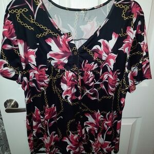 Black Floral & Chain-Print V-Neck Blouse in Pink and White